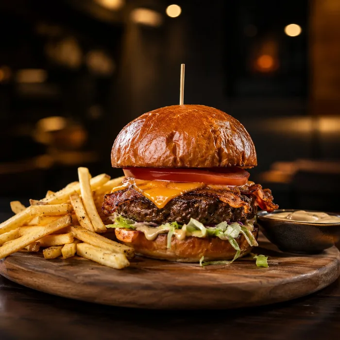 Verse burger met friet op een houten plank
