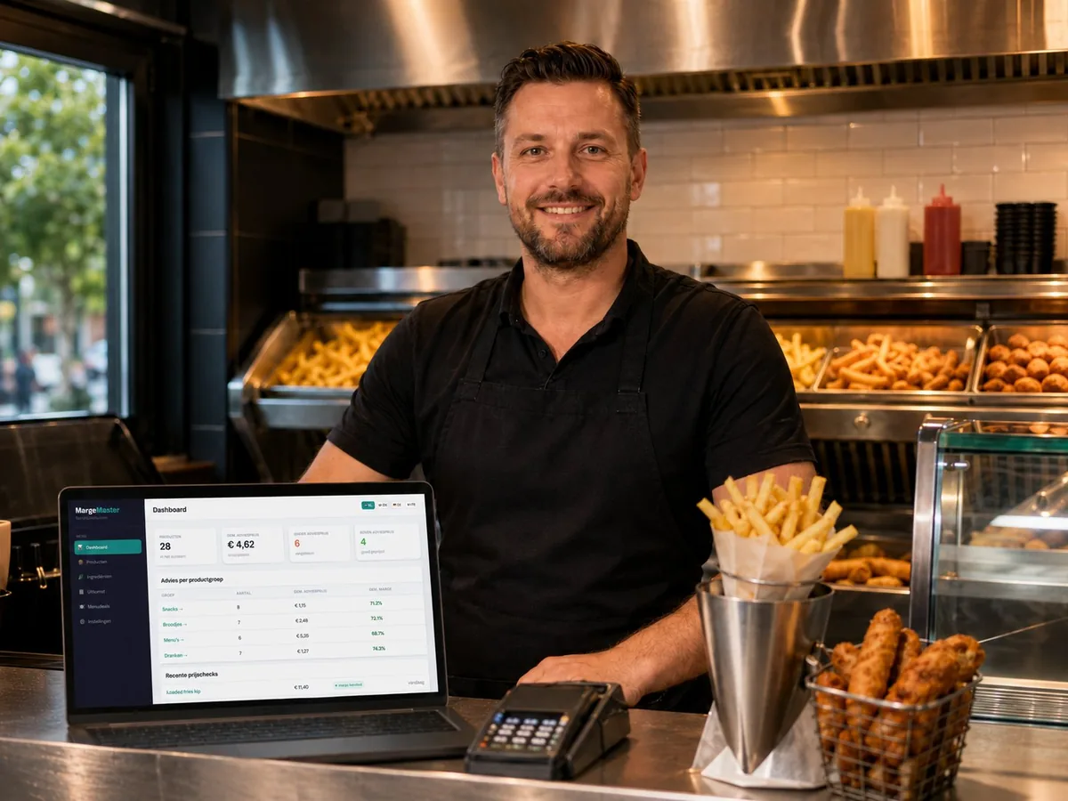 Cafetaria-eigenaar bij de friet, met MargeMaster op de laptop